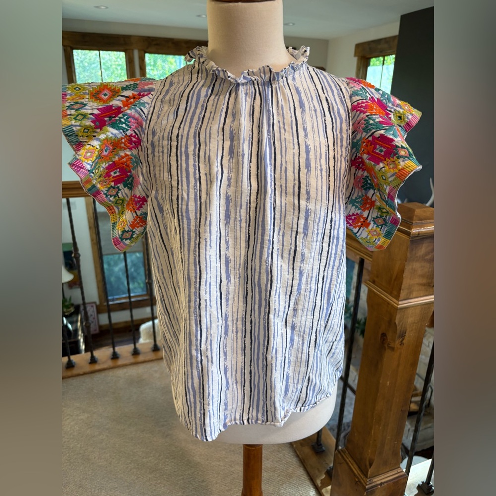 THML Shirt Top Striped Embroidered Sz S